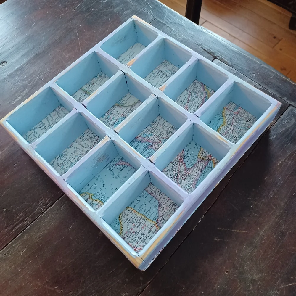 Handmade blue wooden mini wall curio display shelf w/ vintage road maps